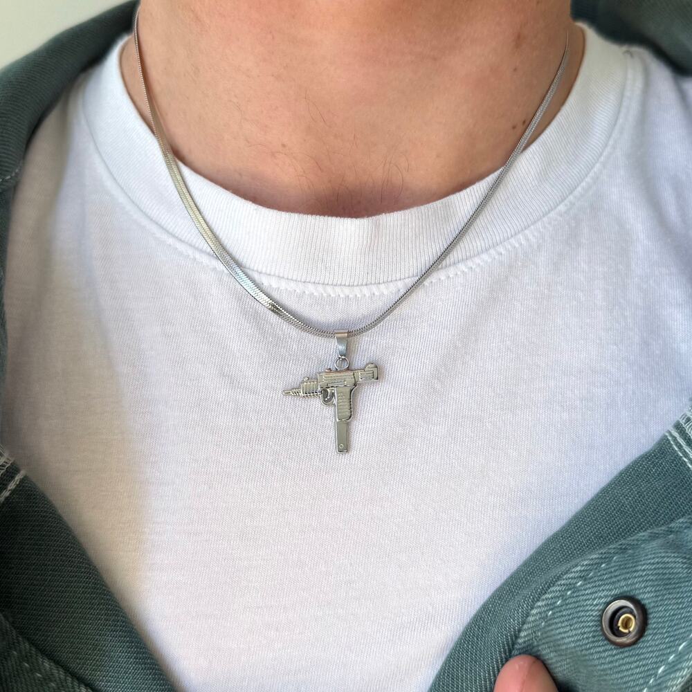 Silver Uzi Gun Pendant Necklace Flat Lay Unisex Stainless Steel 20" Chain New